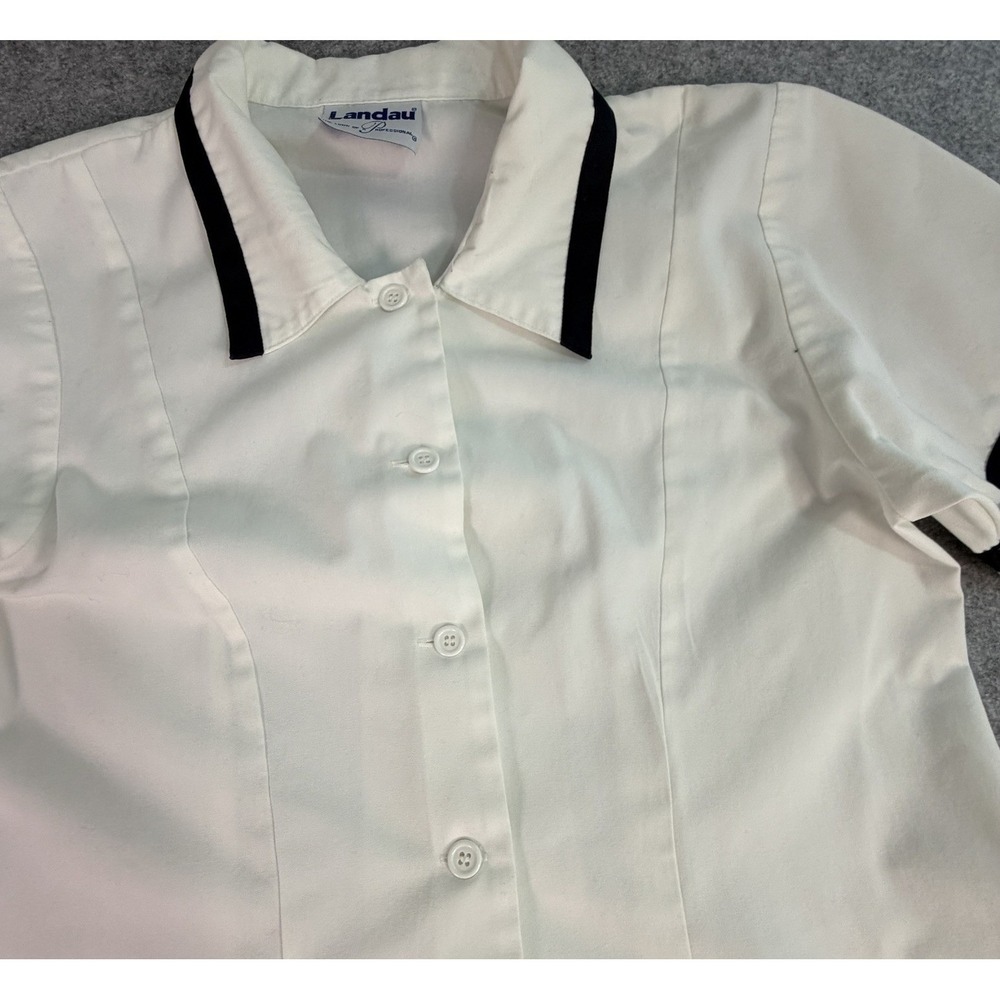 Landau Womens White Short Sleeve Button Down Shirt‎ Top with Black Trim